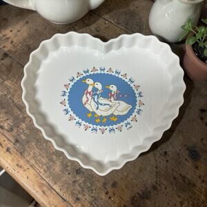 Vtg 80s Ribbon Geese Treasure Craft Heart Shaped Quiche Dish Cottagecore Grandma